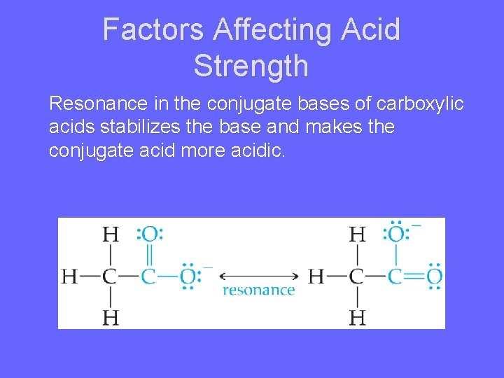 Factors Affecting Acid Strength Resonance in the conjugate bases of carboxylic acids stabilizes the