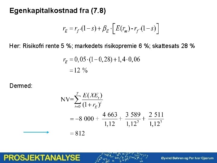 Egenkapitalkostnad fra (7. 8) Her: Risikofri rente 5 %; markedets risikopremie 6 %; skattesats