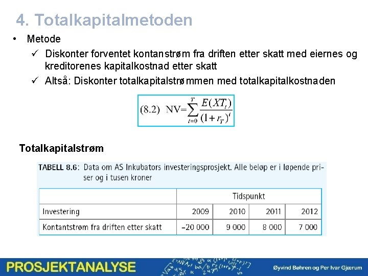 4. Totalkapitalmetoden • Metode ü Diskonter forventet kontanstrøm fra driften etter skatt med eiernes