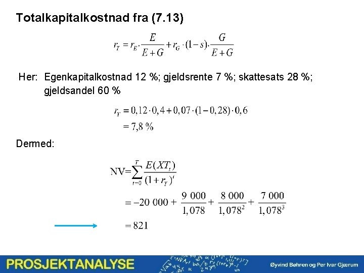 Totalkapitalkostnad fra (7. 13) Her: Egenkapitalkostnad 12 %; gjeldsrente 7 %; skattesats 28 %;