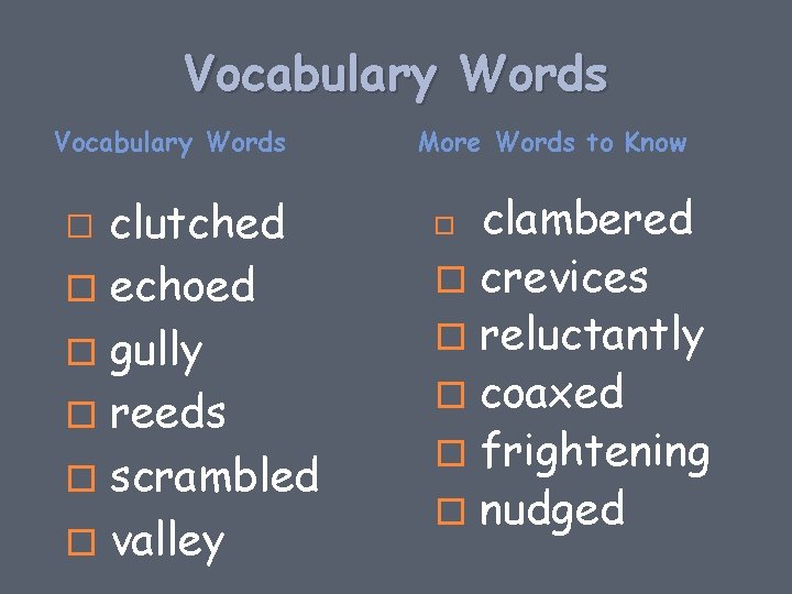 Vocabulary Words clutched � echoed � gully � reeds � scrambled � valley �