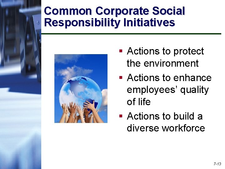 Common Corporate Social Responsibility Initiatives § Actions to protect the environment § Actions to