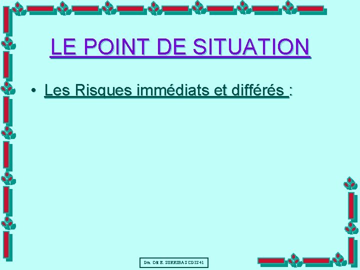LE POINT DE SITUATION • Les Risques immédiats et différés : Doc Cdt E.