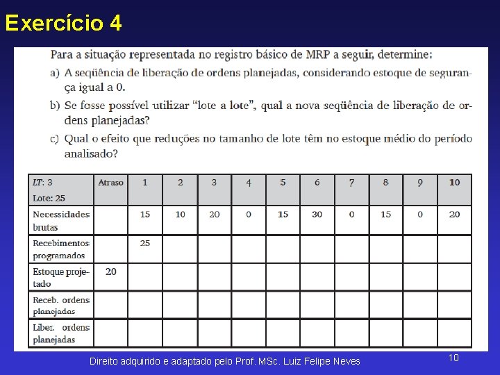 Exercício 4 Direito adquirido e adaptado pelo Prof. MSc. Luiz Felipe Neves 10 