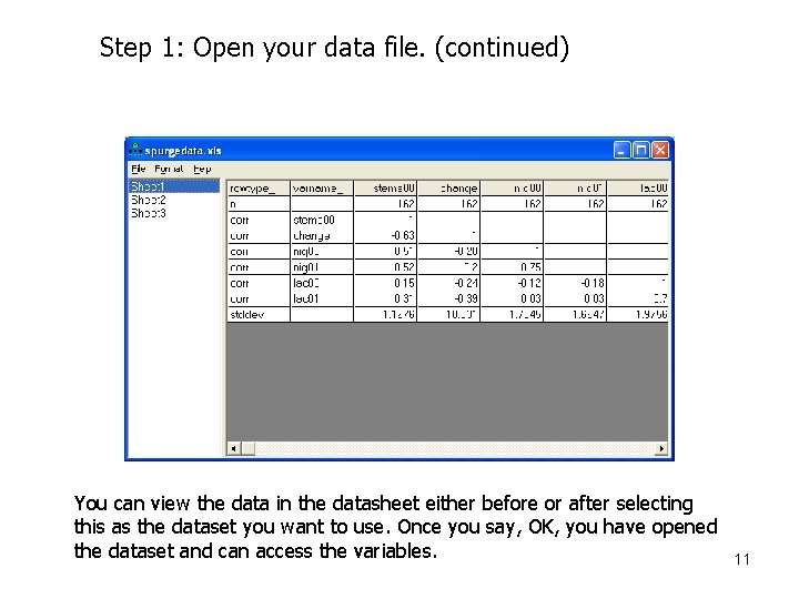 Step 1: Open your data file. (continued) You can view the data in the