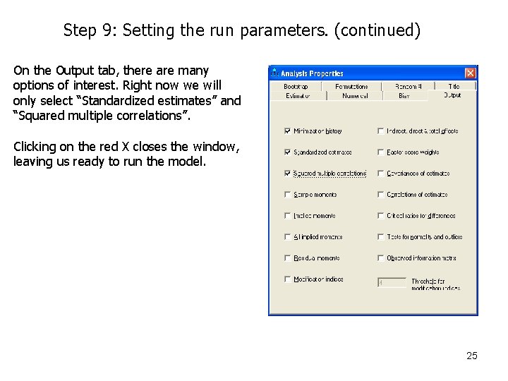 Step 9: Setting the run parameters. (continued) On the Output tab, there are many
