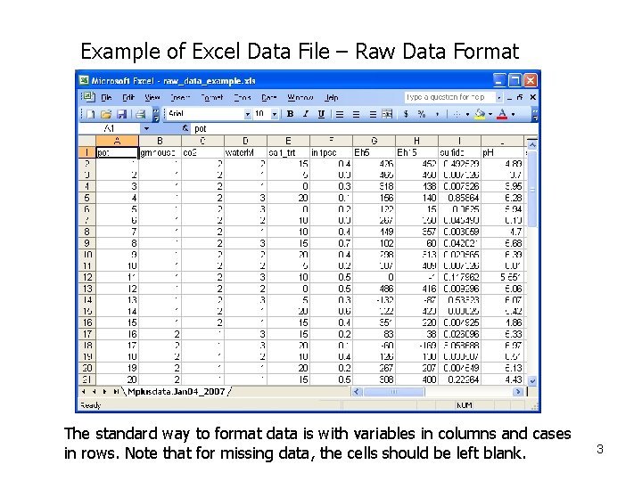 Example of Excel Data File – Raw Data Format The standard way to format