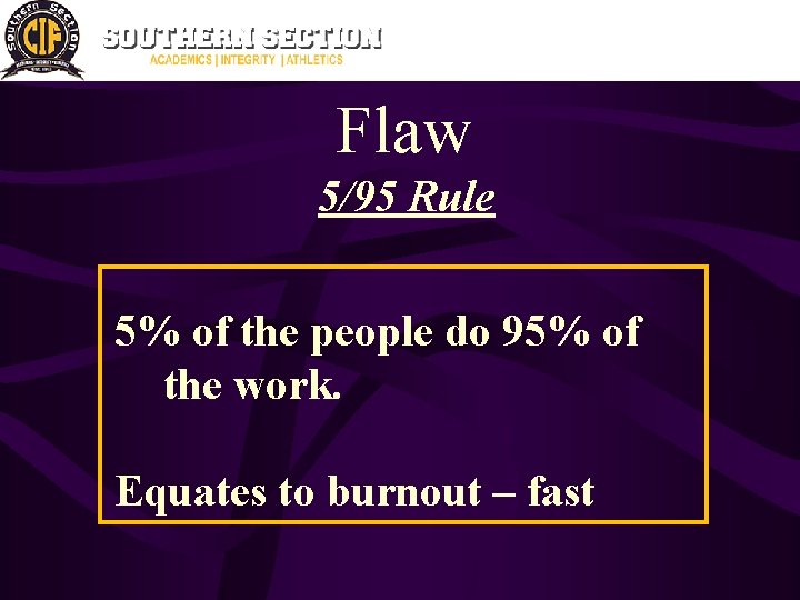 Flaw 5/95 Rule 5% of the people do 95% of the work. Equates to