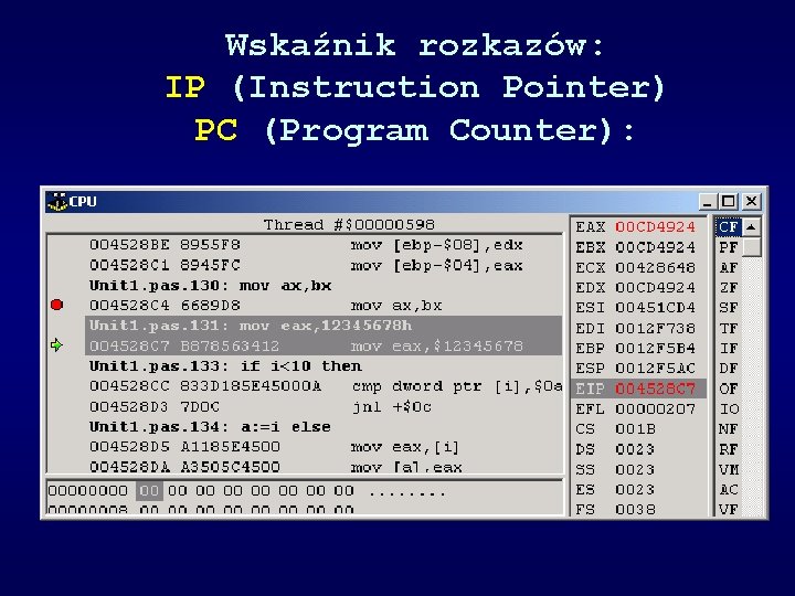 Wskaźnik rozkazów: IP (Instruction Pointer) PC (Program Counter): 