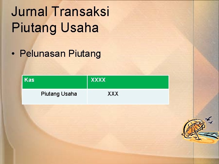 Jurnal Transaksi Piutang Usaha • Pelunasan Piutang Kas XXXX Piutang Usaha XXX 