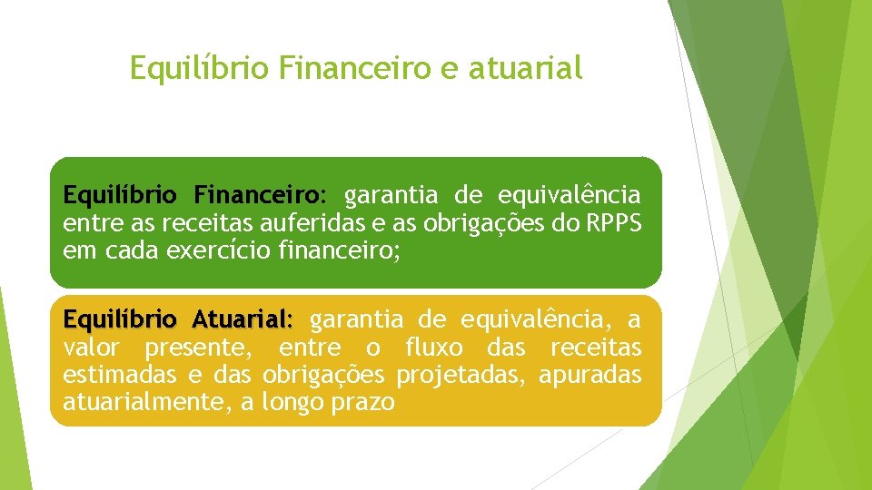 Equilíbrio Financeiro e atuarial Equilíbrio Financeiro: garantia de equivalência entre as receitas auferidas e