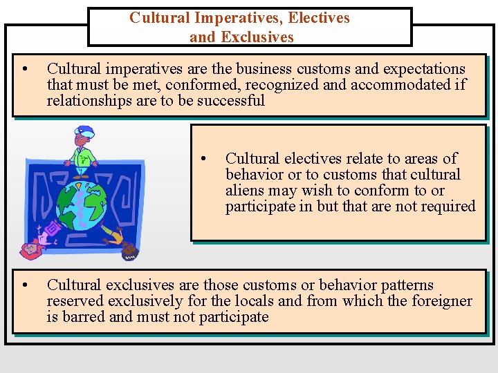 Cultural Imperatives, Electives and Exclusives • Cultural imperatives are the business customs and expectations