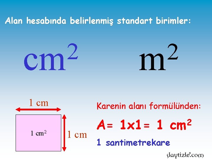 Alan hesabında belirlenmiş standart birimler: 2 cm 1 cm 2 2 m Karenin alanı