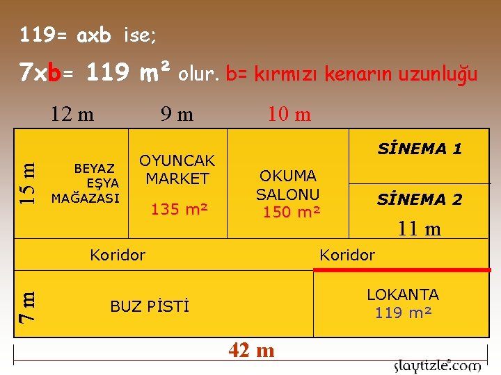 119= axb ise; 7 xb= 119 m² olur. b= kırmızı kenarın uzunluğu 9 m