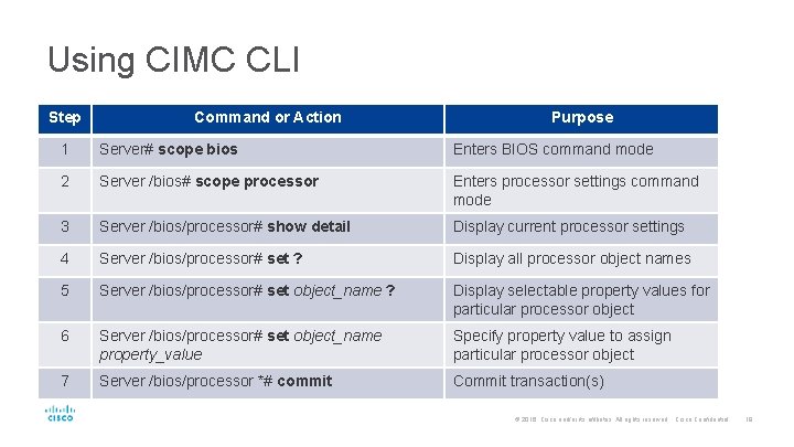 Using CIMC CLI Step Command or Action Purpose 1 Server# scope bios Enters BIOS