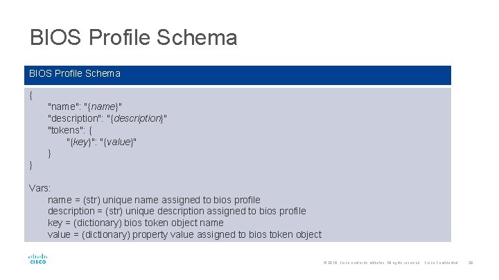 BIOS Profile Schema { "name": "{name}" "description": "{description}" "tokens": { "{key}": "{value}" } }