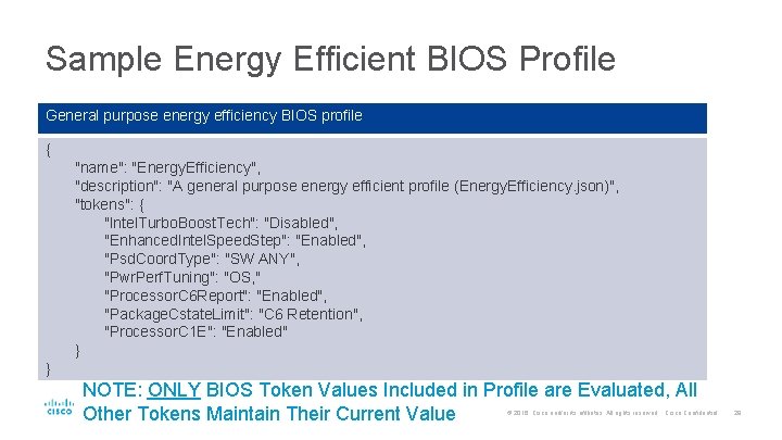 Sample Energy Efficient BIOS Profile General purpose energy efficiency BIOS profile { "name": "Energy.