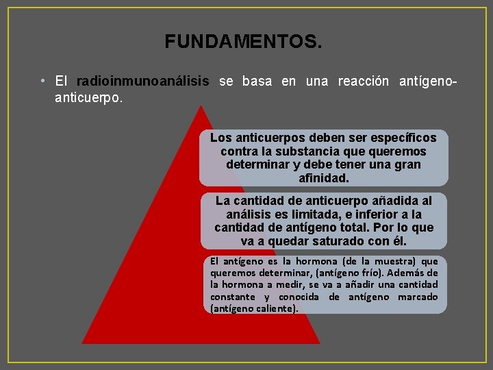 FUNDAMENTOS. • El radioinmunoanálisis se basa en una reacción antígenoanticuerpo. Los anticuerpos deben ser