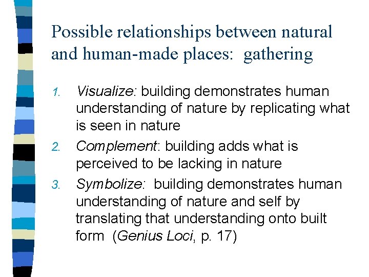 Possible relationships between natural and human-made places: gathering 1. 2. 3. Visualize: building demonstrates