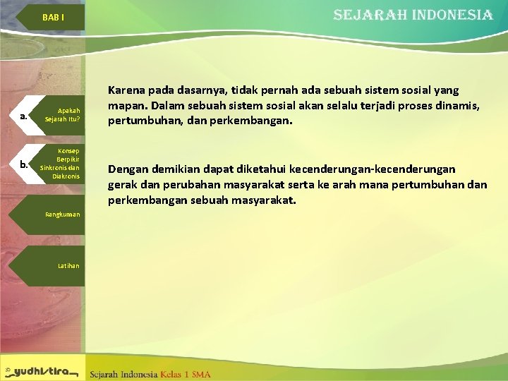 BAB I a. Apakah Sejarah Itu? b. Konsep Berpikir Sinkronis dan Diakronis Rangkuman Latihan