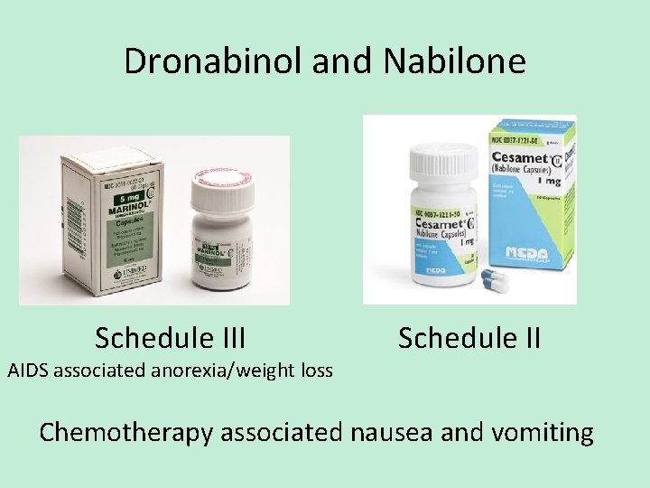 Dronabinol and Nabilone Schedule III AIDS associated anorexia/weight loss Schedule II Chemotherapy associated nausea