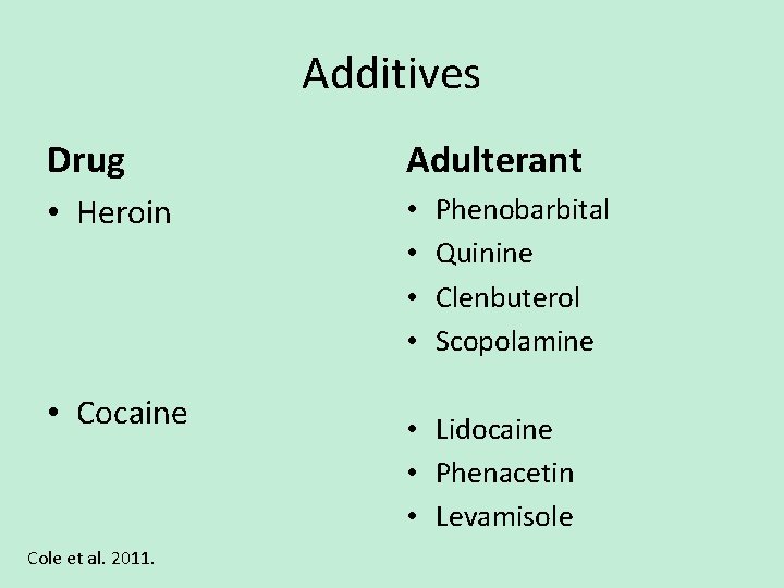 Additives Drug Adulterant • Heroin • • • Cocaine Cole et al. 2011. Phenobarbital