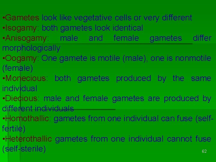  • Gametes look like vegetative cells or very different • Isogamy: both gametes