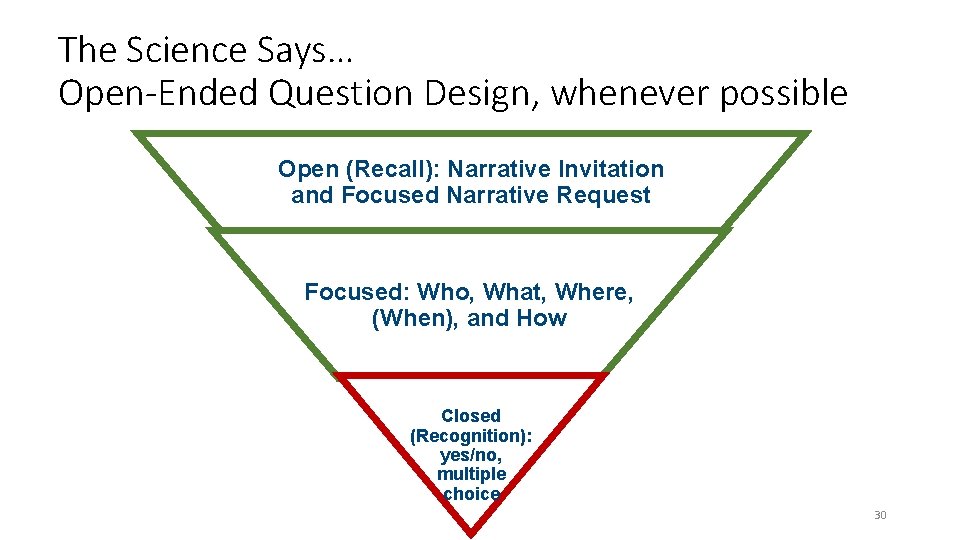 The Science Says… Open-Ended Question Design, whenever possible Open (Recall): Narrative Invitation and Focused