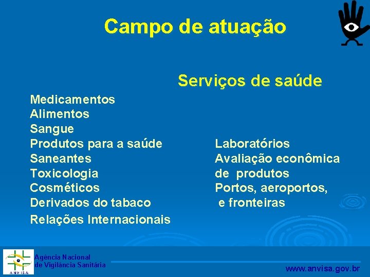 Campo de atuação Serviços de saúde Medicamentos Alimentos Sangue Produtos para a saúde Saneantes