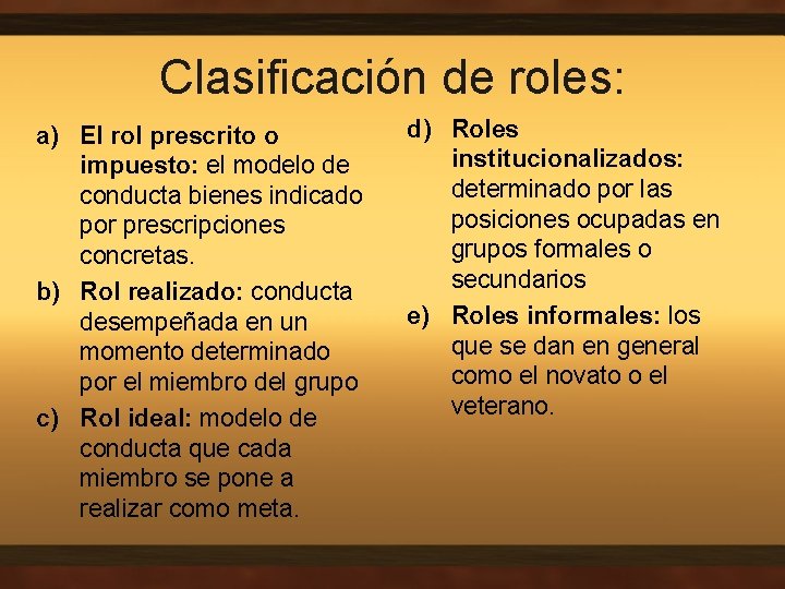 Clasificación de roles: a) El rol prescrito o impuesto: el modelo de conducta bienes