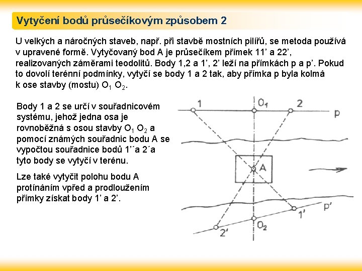 Vytyčení bodů průsečíkovým způsobem 2 U velkých a náročných staveb, např. při stavbě mostních