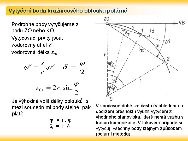 Vytyčení bodů kružnicového oblouku polárně Podrobné body vytyčujeme z bodů ZO nebo KO. Vytyčovací