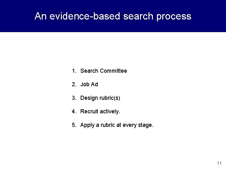 An evidence-based search process 1. Search Committee 2. Job Ad 3. Design rubric(s) 4.