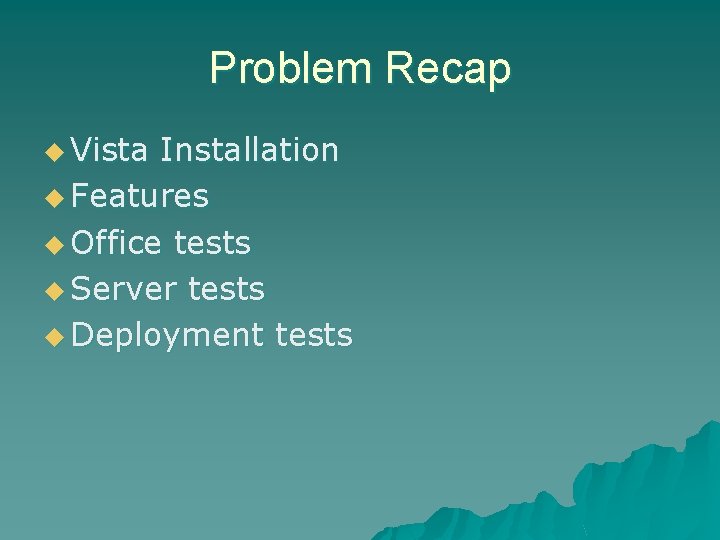 Problem Recap u Vista Installation u Features u Office tests u Server tests u