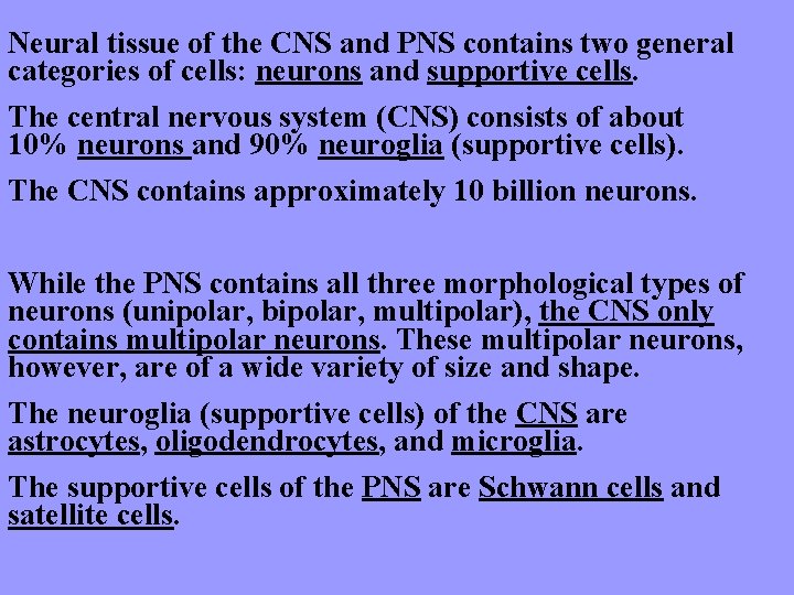 Neural tissue of the CNS and PNS contains two general categories of cells: neurons