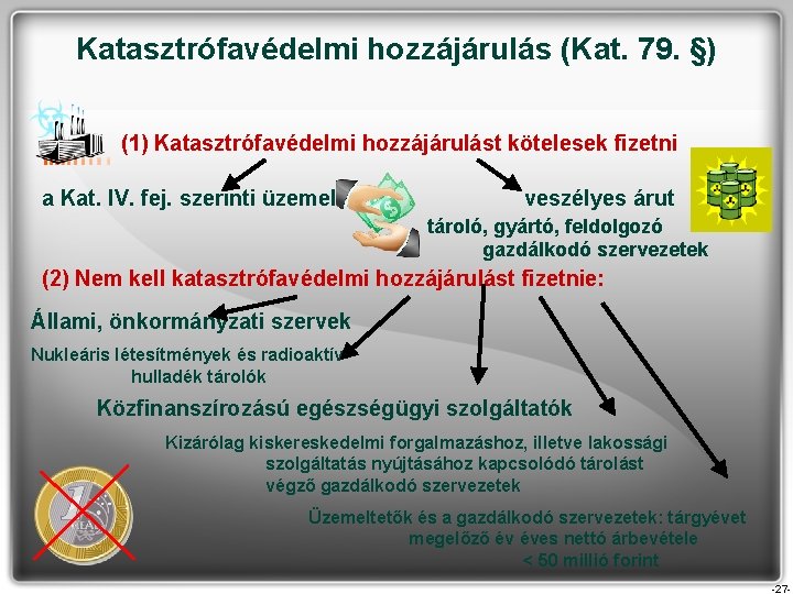 Katasztrófavédelmi hozzájárulás (Kat. 79. §) (1) Katasztrófavédelmi hozzájárulást kötelesek fizetni a Kat. IV. fej.