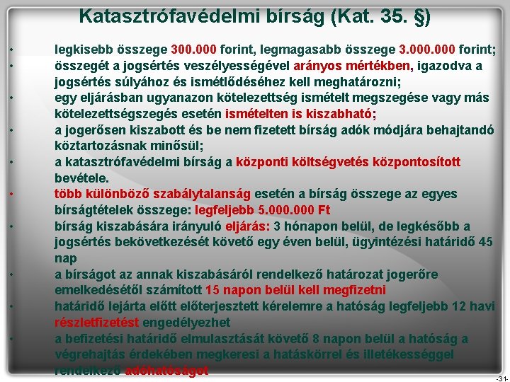 Katasztrófavédelmi bírság (Kat. 35. §) • • • legkisebb összege 300. 000 forint, legmagasabb Katasztrófavédelmi bírság (Kat. 35. §) • • • legkisebb összege 300. 000 forint, legmagasabb