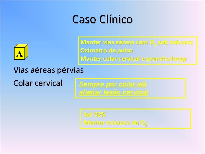 Caso Clínico A Manter vias aéreas com O 2 sob máscara Oxímetro de pulso