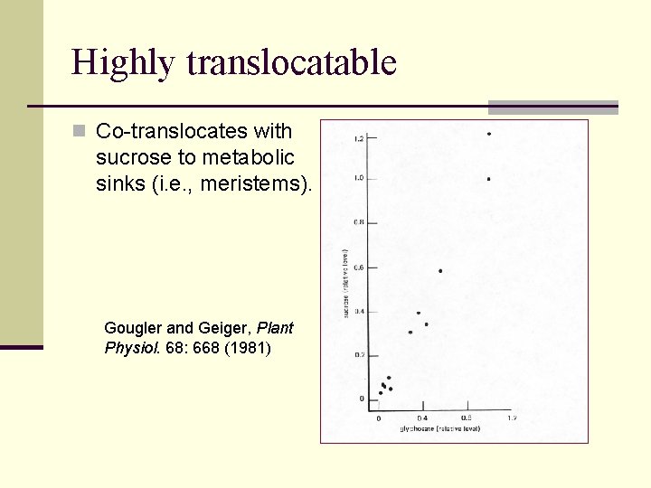 Highly translocatable n Co-translocates with sucrose to metabolic sinks (i. e. , meristems). Gougler