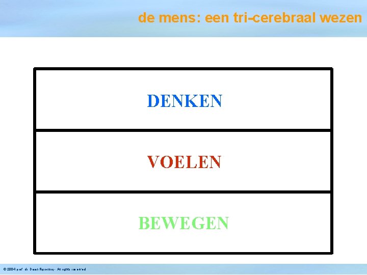 de mens: een tri-cerebraal wezen DENKEN VOELEN BEWEGEN © 2004 prof. dr. Daan Rijsenbrij