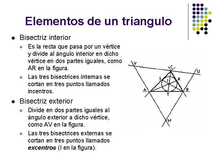 Elementos de un triangulo l Bisectriz interior l l l Es la recta que
