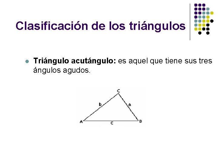 Clasificación de los triángulos l Triángulo acutángulo: es aquel que tiene sus tres ángulos