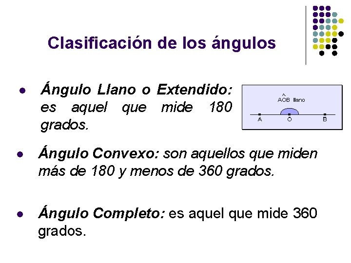 Clasificación de los ángulos l Ángulo Llano o Extendido: es aquel que mide 180