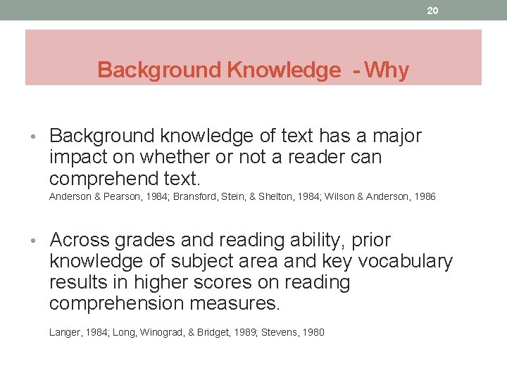 20 Background Knowledge - Why • Background knowledge of text has a major impact