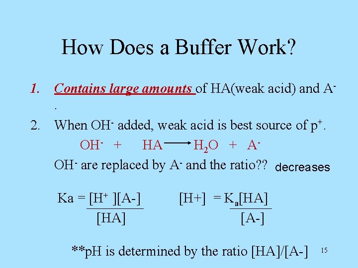 How Does a Buffer Work? 1. Contains large amounts of HA(weak acid) and A.