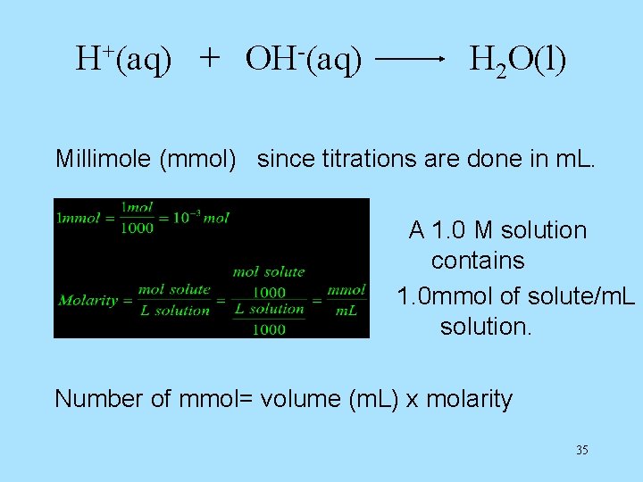 H+(aq) + OH-(aq) H 2 O(l) Millimole (mmol) since titrations are done in m.