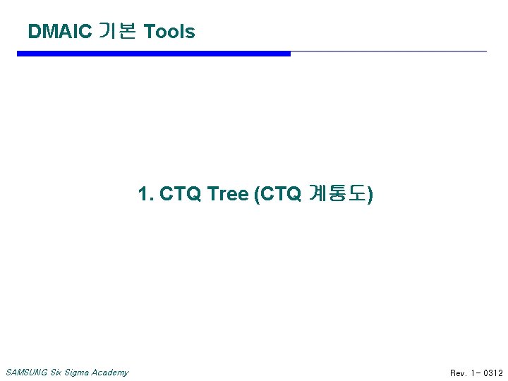 DMAIC 기본 Tools 1. CTQ Tree (CTQ 계통도) SAMSUNG Six Sigma Academy CTQ Tree