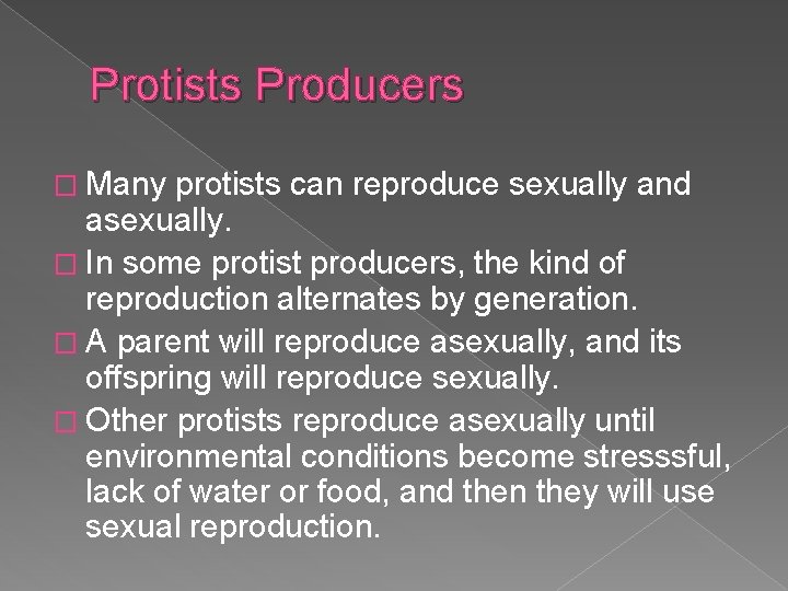 Protists Producers � Many protists can reproduce sexually and asexually. � In some protist
