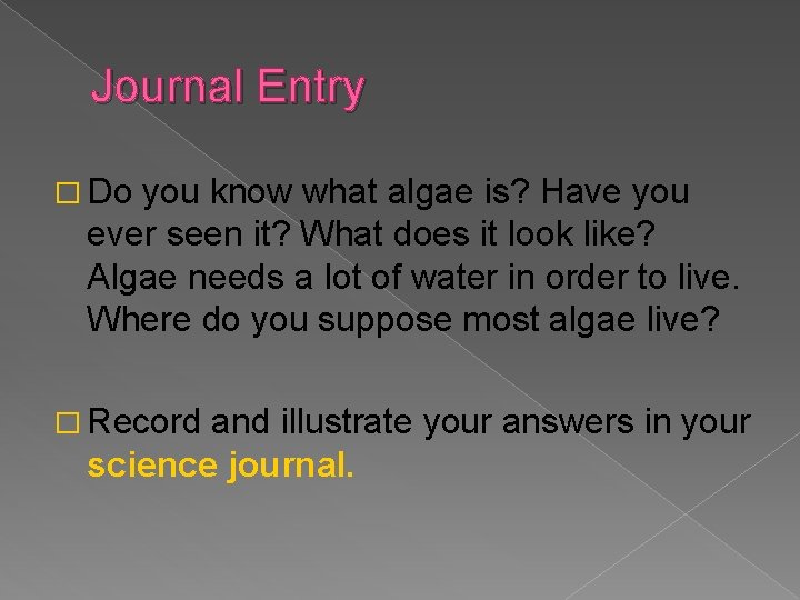 Journal Entry � Do you know what algae is? Have you ever seen it?