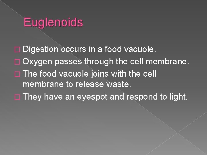 Euglenoids � Digestion occurs in a food vacuole. � Oxygen passes through the cell